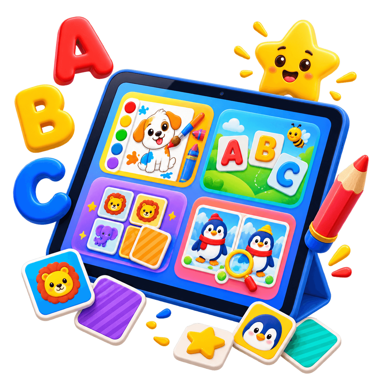 Tablet do Brinca & Aprende com joguinhos de pintar, letras, memória e descobrir diferenças